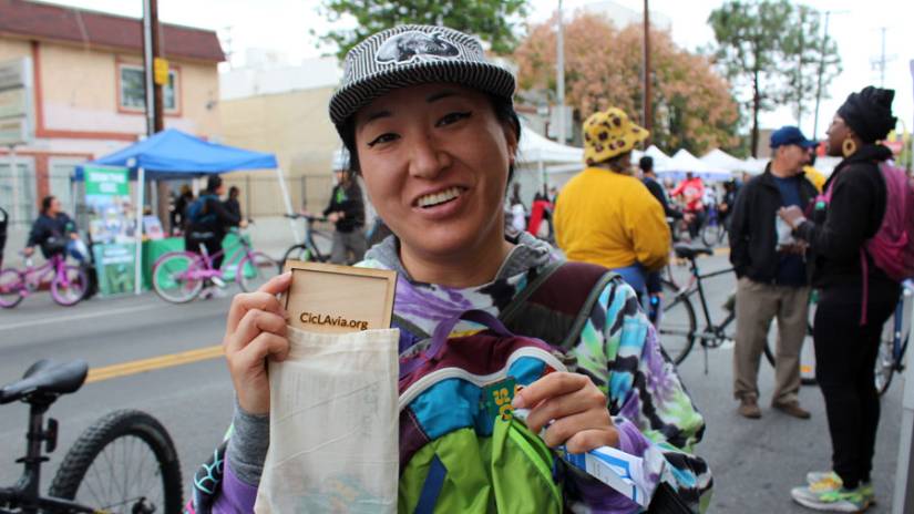 A CicLAvia attendee with a completed puzzle